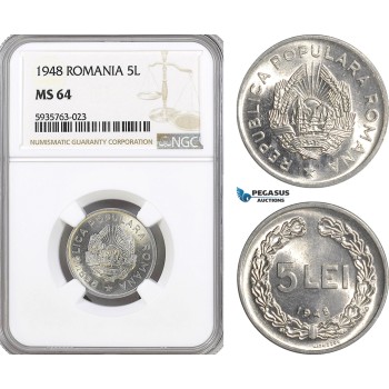 AG537, Romania, Peoples Republic, 5 Lei 1948, NGC MS64