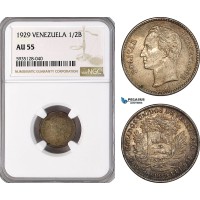 AG547-R, Venezuela, 1/2 Bolivar 1929, Philadelphia, Silver, NGC AU55