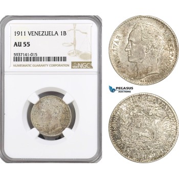 AG548, Venezuela, 1 Bolivar 1911, Paris, Silver, NGC AU55