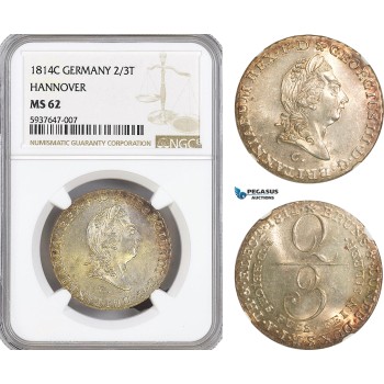 AG551, Germany, Hannover, George III of Great Britain, 2/3 Taler 1814-C, Clausthal, Silver, NGC MS62