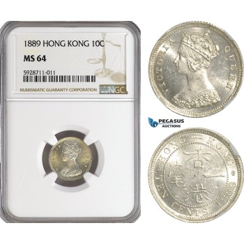 AG554, Hong Kong, Victoria, 10 Cents 1889, London, Silver, NGC MS64
