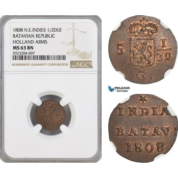 AG557, Netherlands East Indies, Batavian Rep. 1/2 Duit 1808, Holland Arms, NGC MS63BN