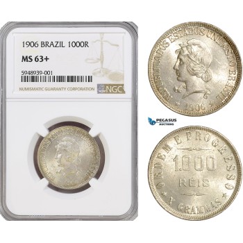 AG566, Brazil, 1000 Reis 1906, Silver, NGC MS63+