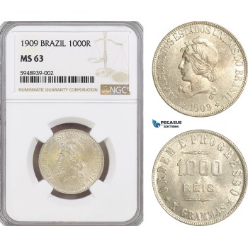 AG567, Brazil, 1000 Reis 1909, Silver, NGC MS63