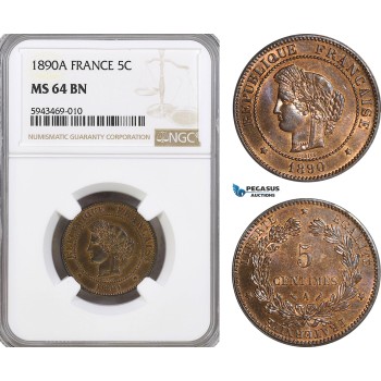 AG582, France, Third Republic, 5 Centimes 1890-A, Paris, NGC MS64BN