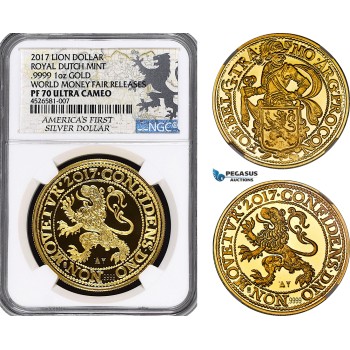 AG591, Netherlands, Lion Daalder (Dollar) 2017, Gold, World Money Fair Releases, Mintage 200pcs, NGC PF70 UC