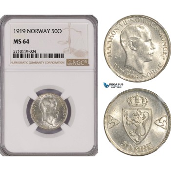 AG601, Norway, Haakon VII, 50 Ore 1919, Kongsberg, Silver, NGC MS64