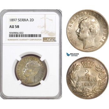 AG614, Serbia, Alexander I, 2 Dinara 1897, Vienna, Silver, NGC AU58