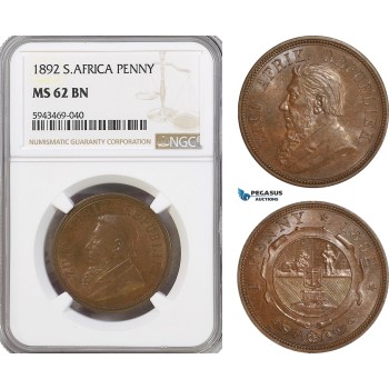 AG615, South Africa (ZAR) 1 Penny 1892, Berlin, NGC MS62BN