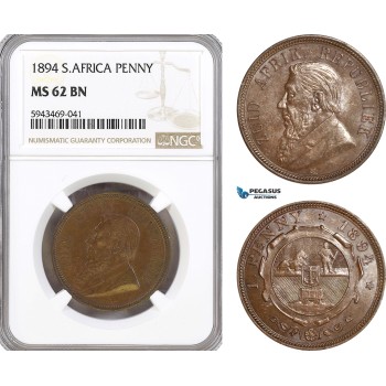 AG616, South Africa (ZAR) 1 Penny 1894, Pretoria, NGC MS62BN