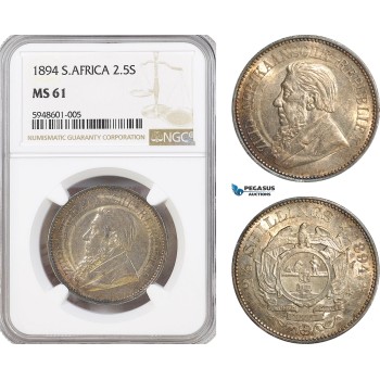 AG619, South Africa, ZAR, 2 1/2 Shillings 1894, Pretoria, Silver, NGC MS61