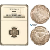 AG622, South Africa, George V, 3 Pence 1927, Pretoria, Silver, NGC MS64