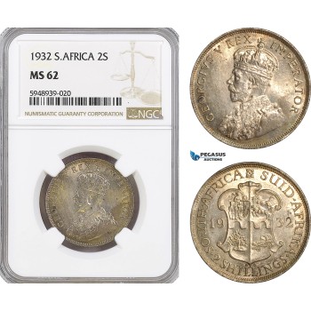 AG624, South Africa, George V, 2 Shillings 1932, Silver, NGC MS62