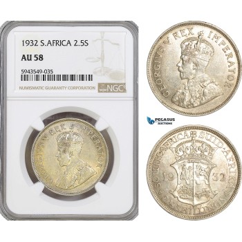 AG625, South Africa, George V, 2.5 Shillings 1932, Pretoria, Silver, NGC AU58
