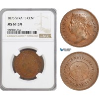 AG627, Straits Settlements, Victoria, 1 Cent 1875, NGC MS61BN, Pop 1/5