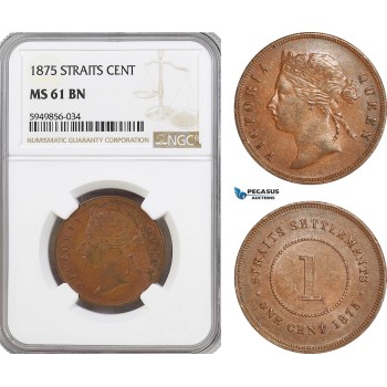 AG627, Straits Settlements, Victoria, 1 Cent 1875, NGC MS61BN, Pop 1/5