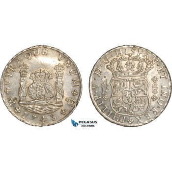 AG661, Mexico, Philip V, Pillar 8 Reales 1743 Mo MF, Mexico City, Silver, AU