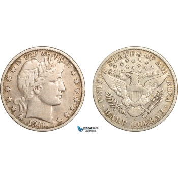 AG698, United States, Barber Half Dollar (50C) 1910-S, San Francisco, Silver, aVF