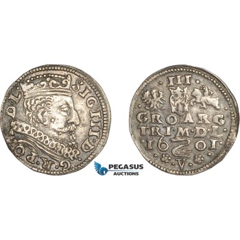 AG714, Lithuania, Sigismund III. of Poland, 3 Groschen (Trojak) 1601 Swan-V, Vilnius, Silver (2.16g) R3, Rare! XF