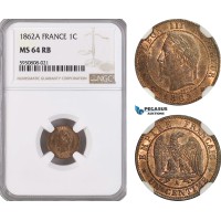 AG739, France, Napoleon III, 1 Centime 1862-A, Paris, NGC MS64RB