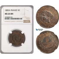 AG741, France, Third Republic, 5 Centimes 1885-A, Paris, NGC MS64BN, Pop 2/1