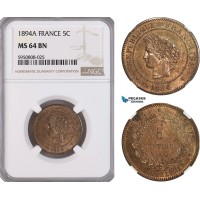 AG744, France, Third Republic, 5 Centimes 1894-A, Paris, NGC MS64BN