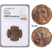 AG746, France, Third Republic, 5 Centimes 1914 (Bronze) NGC MS64RB