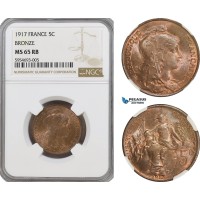 AG747, France, Third Republic, 5 Centimes 1917 (Bronze) NGC MS65RB