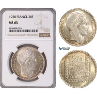 AG754, France, Third Republic, 20 Francs 1938, Paris, Silver, NGC MS63