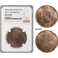 AG756, France, Napoleon III, Essai 10 Centimes 1853, Lille, Visit to Mint, MAZ-1751B, NGC MS63BN