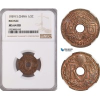 AG757, French Indo-China, 1/2 Centime 1939, Paris, Bronze, NGC MS64RB