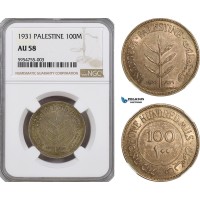 AG766, Palestine, 100 Mils 1931, London, Silver, NGC AU58, Rare!