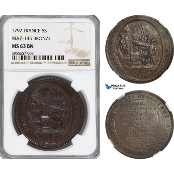 AG789, France, Louis XVI, 5 Sols 1792, Maz-145 Bronze, NGC MS63BN AG789, France, Louis XVI, 5 Sols 1792, Maz-145 Bronze, NGC MS63BN