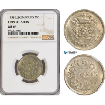 AG802, Luxembourg, 25 Centimes 1938, Coin Rotation, NGC MS64, Pop 1/1