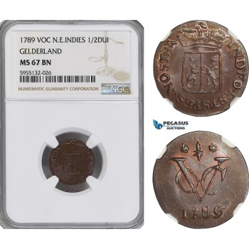 AG807, Netherlands East Indies, VOC, 1/2 Duit 1789, Gelderland Arms, NGC MS67BN, Pop 1/0