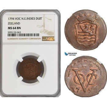 AG808, Netherlands East Indies, VOC, 1 Duit 1794, Zeeland Arms, NGC MS64BN, Pop 1/0