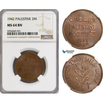 AG824, Palestine, 2 Mils 1942, London, NGC MS64BN