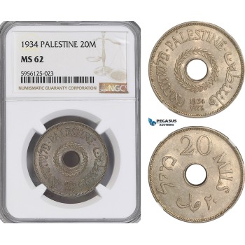 AG830, Palestine, 20 Mils 1934, London, NGC MS62, Rare!