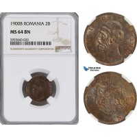 AG837, Romania, Carol I, 2 Bani 1900-B, Bucharest, NGC MS64BN