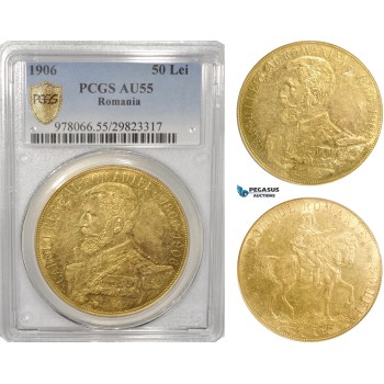 AG840, Romania, Carol I, 50 Lei ND (1906) Brussels, Gold, PCGS AU55, Rare!