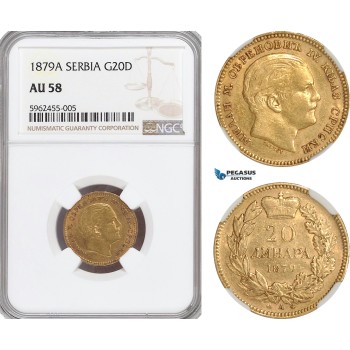 AG844, Serbia, Milan Obrenovic IV, 20 Dinara 1879-A, Paris, Gold, NGC AU58