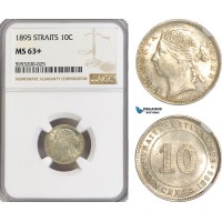 AG852, Straits Settlements, Victoria, 10 Cents 1895, Silver, NGC MS63+