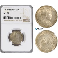 AG853, Straits Settlements, Edward VII, 20 Cents 1910-B, Bombay, Silver, NGC MS63