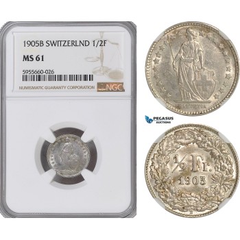 AG858, Switzerland, 1/2 Franc 1905-B, Bern, Silver, NGC MS61