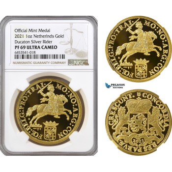 AG880 Netherlands, Ducaton Restrike Medal (1 oz) 2021 R, Utrecht Mint, Gold, KM# --, Mintage: 50 pcs, NGC PF69 Ultra Cameo, includes COA+ Original box!