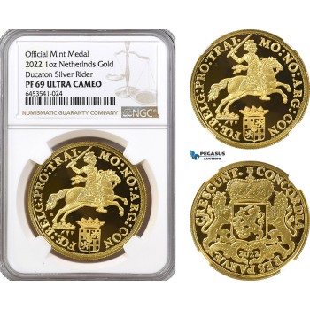 AG881 Netherlands, Ducaton Restrike Medal (1 oz) 2022 R, Utrecht Mint, Gold, KM# --, Mintage: 40 pcs, NGC PF69 Ultra Cameo, includes COA+ Original box!