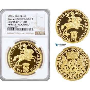 AG882 Netherlands, Ducaton Restrike Medal (2 oz) 2022 R, Utrecht Mint, Gold, KM# --, Mintage: 20 pcs, NGC PF69 Ultra Cameo, includes COA+ Original box!