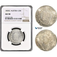 AG895, Austria, Franz II, 20 Kreuzer 1805­ C, Prague Mint, Silver, KM# 2140, NGC AU58