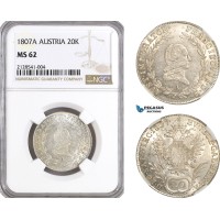 AG904, Austria, Franz II, 20 Kreuzer 1807­ A, Vienna Mint, Silver, KM# 2141, NGC MS62