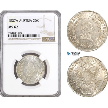 AG904, Austria, Franz II, 20 Kreuzer 1807­ A, Vienna Mint, Silver, KM# 2141, NGC MS62